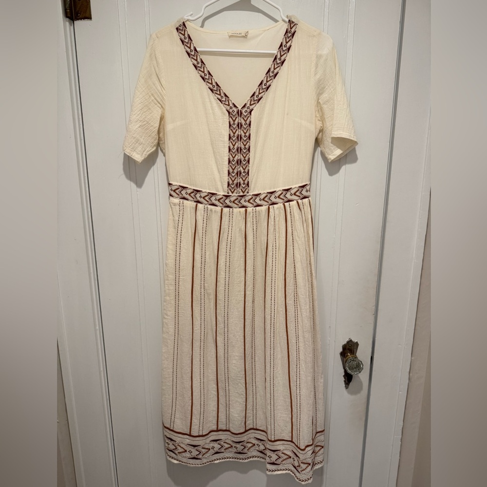 Roolee Cream and Brown Embroidered Midi Sundress
